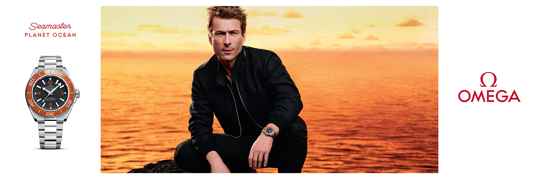 Omega Seamaster Planet Ocean luxury watch with orange bezel, showcased at sunset ocean backdrop.