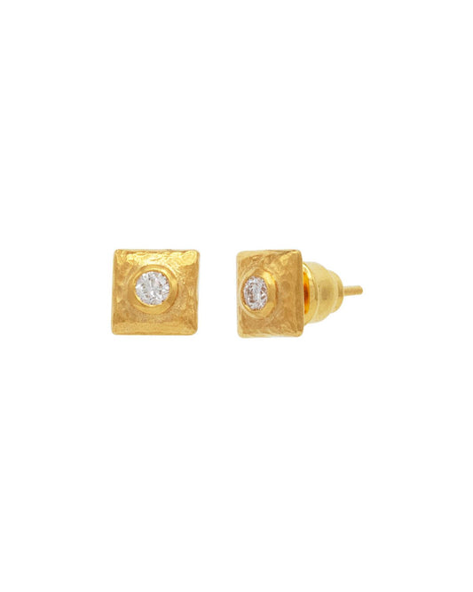 Droplet 22K Gold Diamond Post Stud Earrings, Small Square