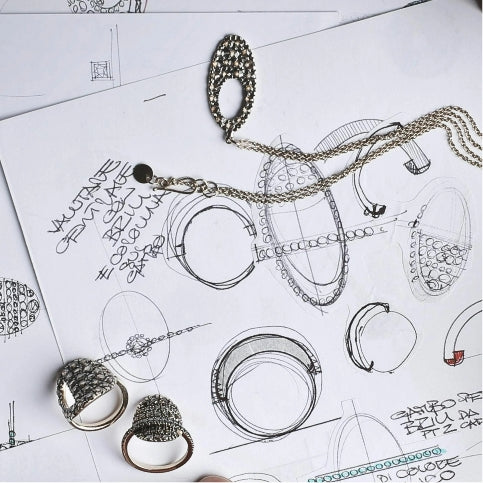 Blakemans Fine Jewelry design process with CAD renderings, hand-drawn sketches, and finished rings and necklace transitioning from concept to production.