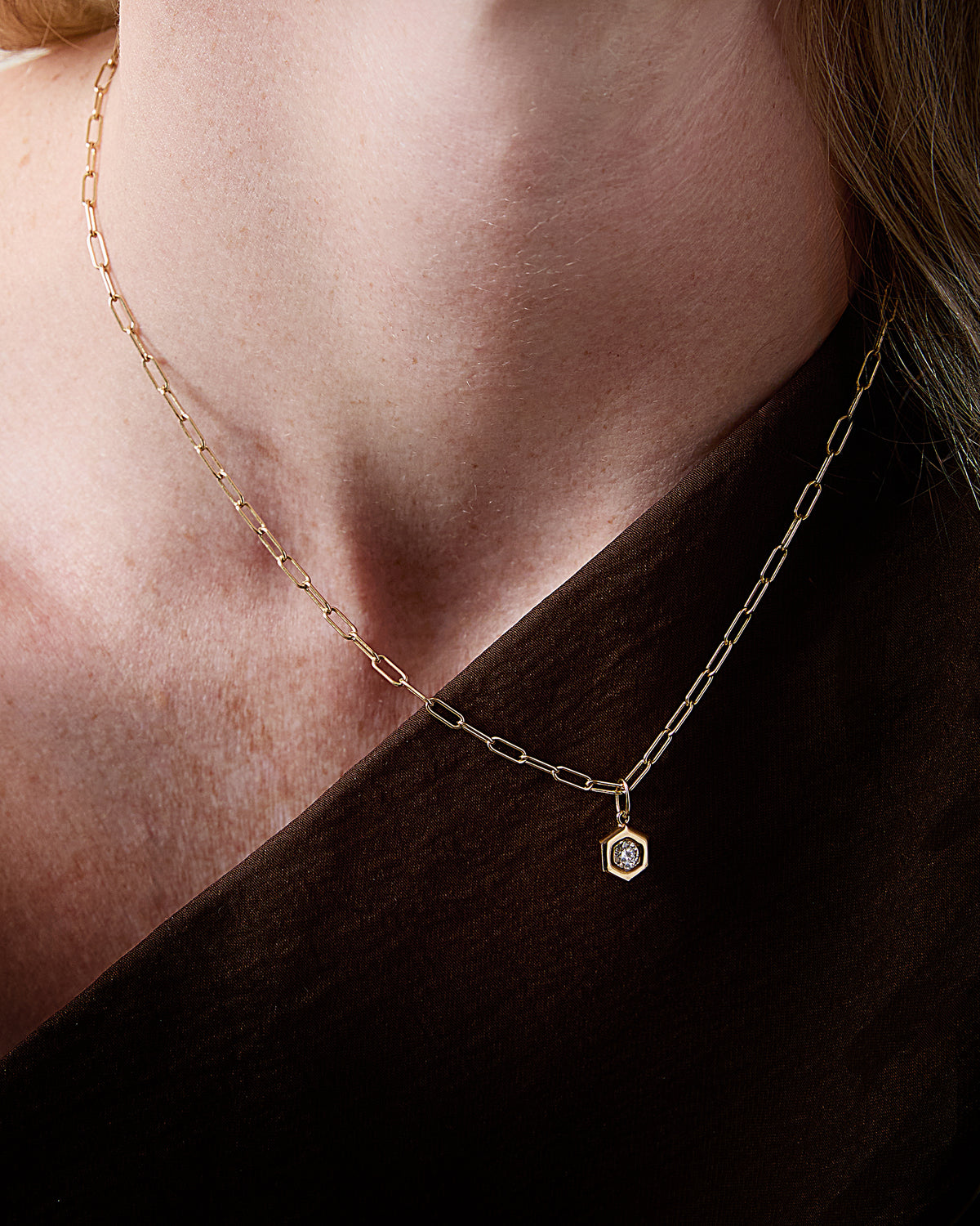 Diamond B Collection Hexagon Pendant & Paperclip Chain