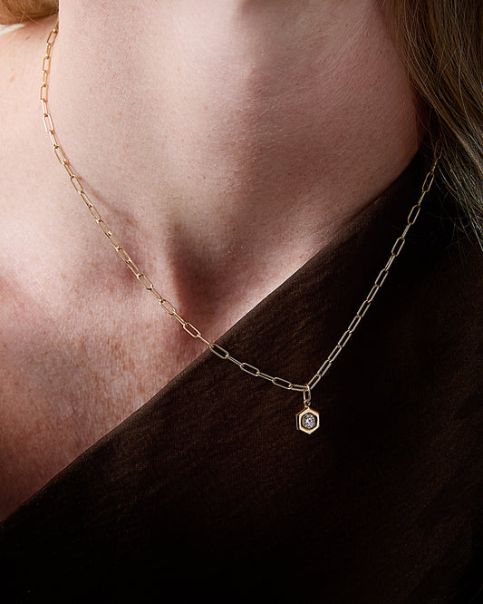Diamond B Collection Hexagon Pendant & Paperclip Chain
