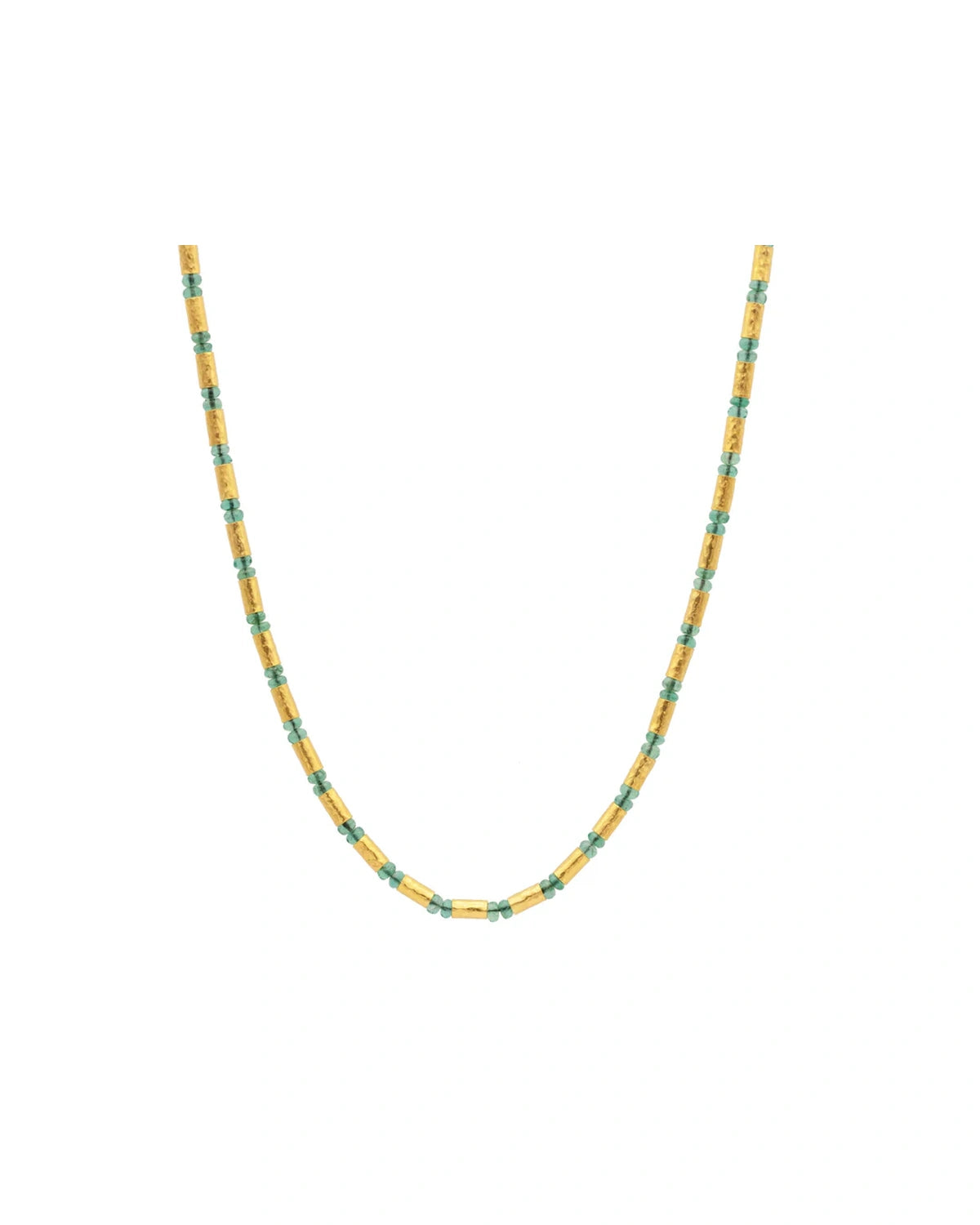 Vertigo 24K Gold Emerald Beaded Necklace, Gold Tubes and Cabochon Beads
