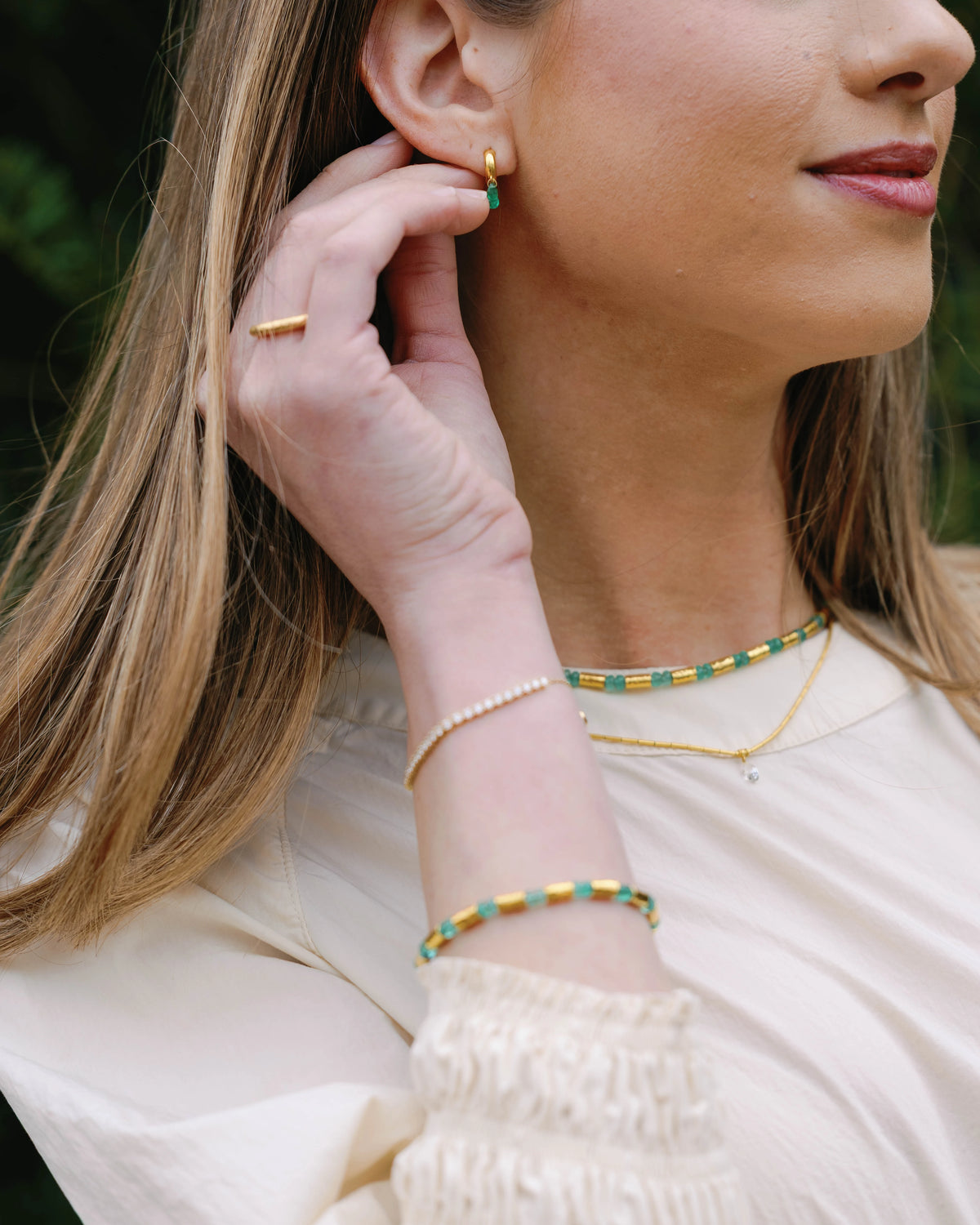 Emerald Briolette Triple Drop Huggies
