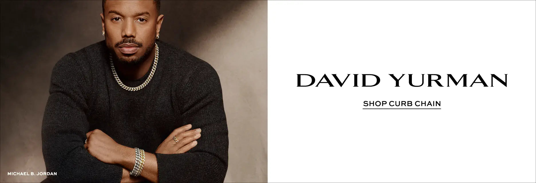 David Yurman jewelry campaign featuring Michael B. Jordan wearing chain necklace, bracelet, and ring.
